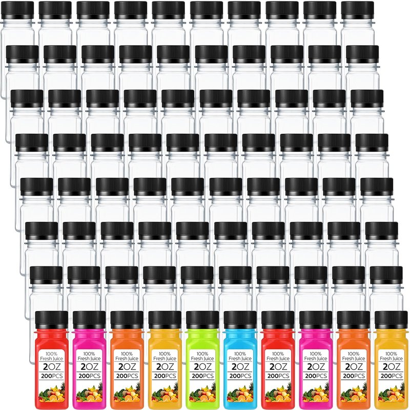 Sliner 200 Pcs 2oz Small Plastic Juice Bottles Ginger Juice Bottle with Lids Liquid Vial Reusable Clear Beverage Container with Lid, Freezer Safe, Leak Proof for Milk, Water(Black Lid)