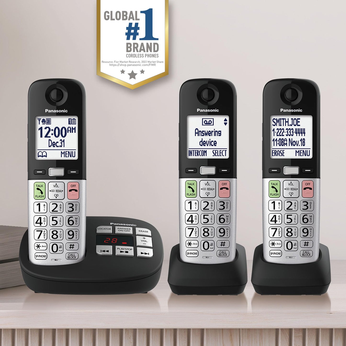 Panasonic Cordless Phone, Easy to Use with Large Display and Big Buttons, Flashing Favorites Key, Built in Flashlight, Call Block, Volume Boost, Talking Caller ID, 2 Cordless Handsets - KX-TGU433B