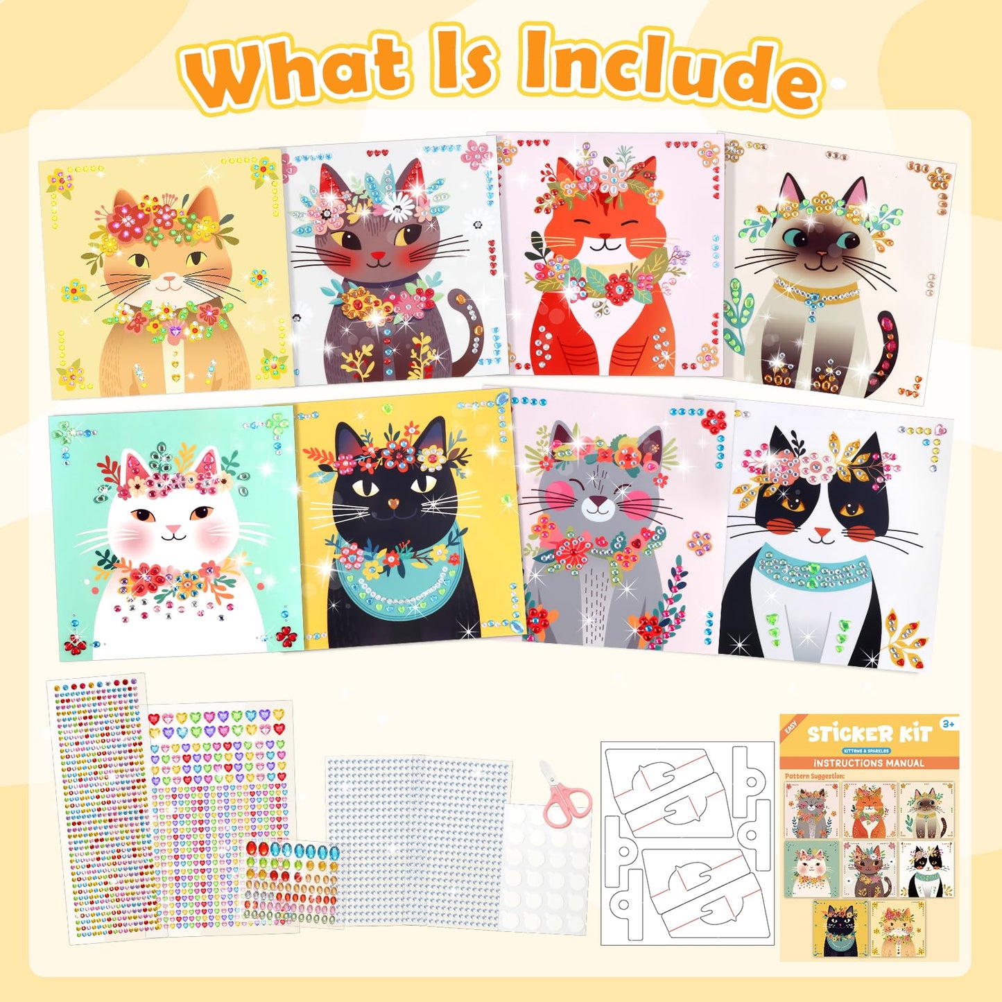 Gem Art Sticker Kit, Arts and Crafts for Kids Age 4-12, 8 Cat Themes Diamond Art Kit, Gemstone Sticker Crafts Christmas Birthday Gifts for Girls Ages 4,5,6,7,8 Year Old (Cat)
