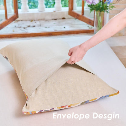 VANJOROY 100% Organic Washed Cotton Queen Pillowcases for Skin-Friendly Set of 2-1000 Thread Thick Count 20x30 Inches Luxury Boho Pillow Cases, Muslin Bird Floral Pattern Pillow Cover -Beige
