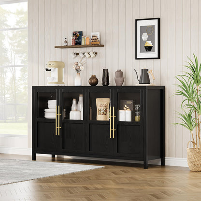 GarveeHome Sideboard Buffet Cabinet with 4 Glass Doors, 55 in Buffet Table Coffee Bar Wine Bar Display Cabinet for Kitchen Dining Room, Living Room (Glass with 4 Doors, Dark)