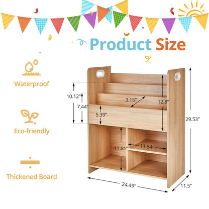 VECELO Kids Bookshelf with Toy Storage - Wooden Nursery Organizer for Books & Toys, Easy Assembly Playroom Shelf (Teak)