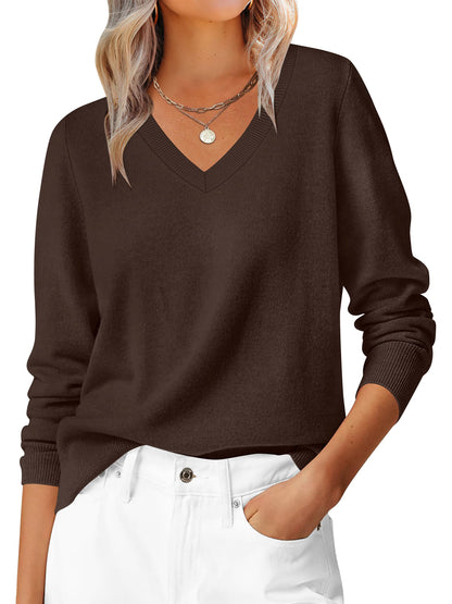 ANRABESS Womens Long Sleeve V Neck Sweaters 2025 Fall Casual Classic Soft Loose Fit Basic Pullover Jumper Top