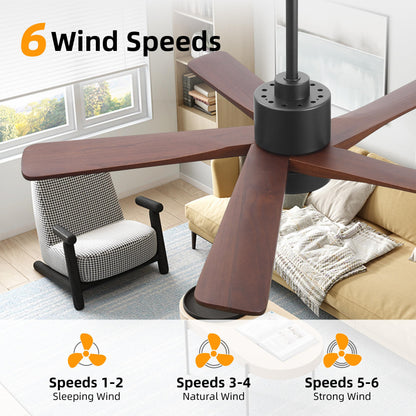 WINGBO 48 Inch DC Ceiling Fan with Lights and Remote Control, 5 Carved Solid Wood Blades, 6-Speed Noiseless Reversible DC Motor, Indoor Ceiling Fan in Matte Black Finish with Walnut Blades