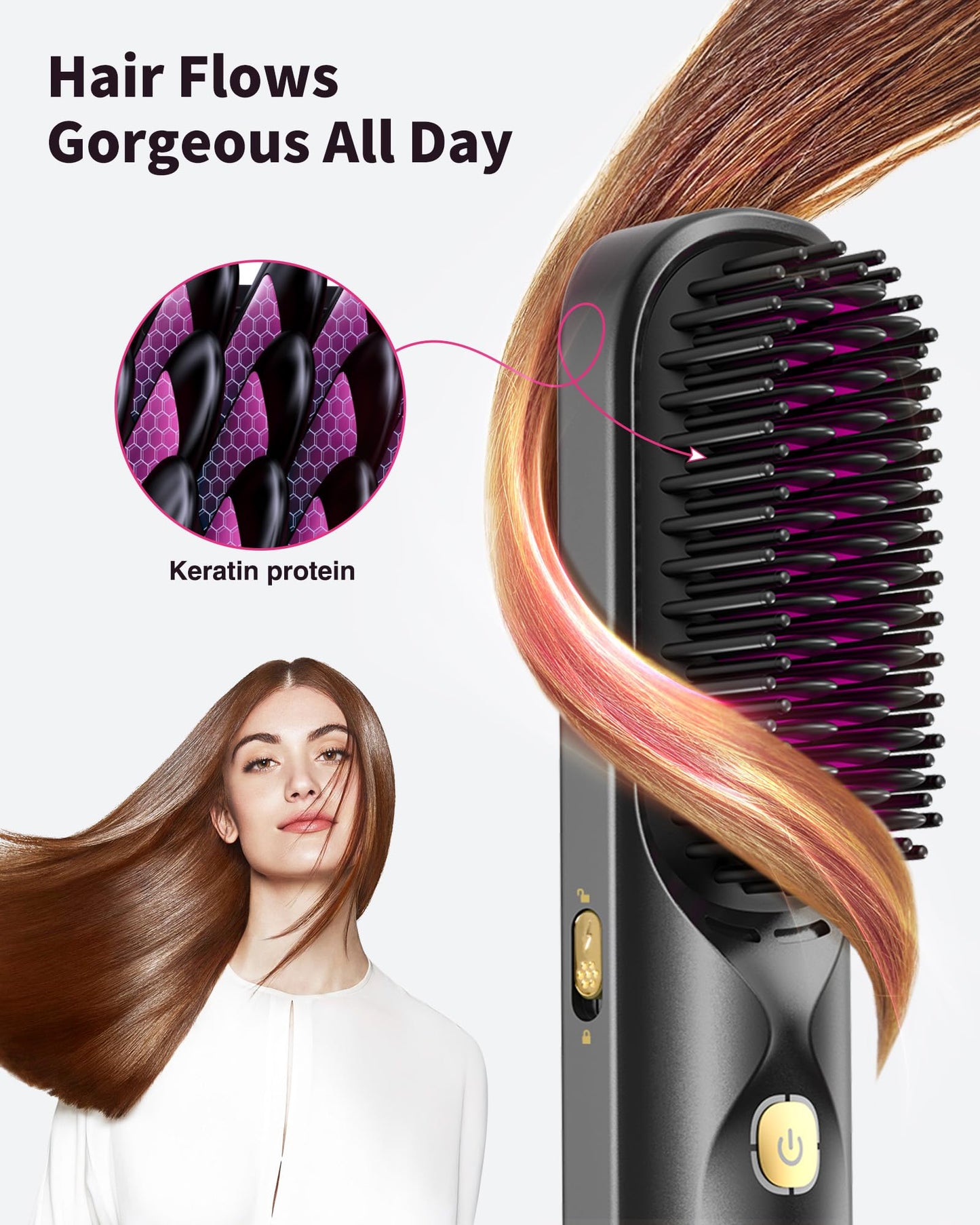 Cordless Hair Straightener Brush - Portable Hair Brush for Travel - 30s Fast Heating - 300 Million Negative Ions for Frizz-Free Shine,Touch Up On-The-Go,Gift for Women,10000mAh