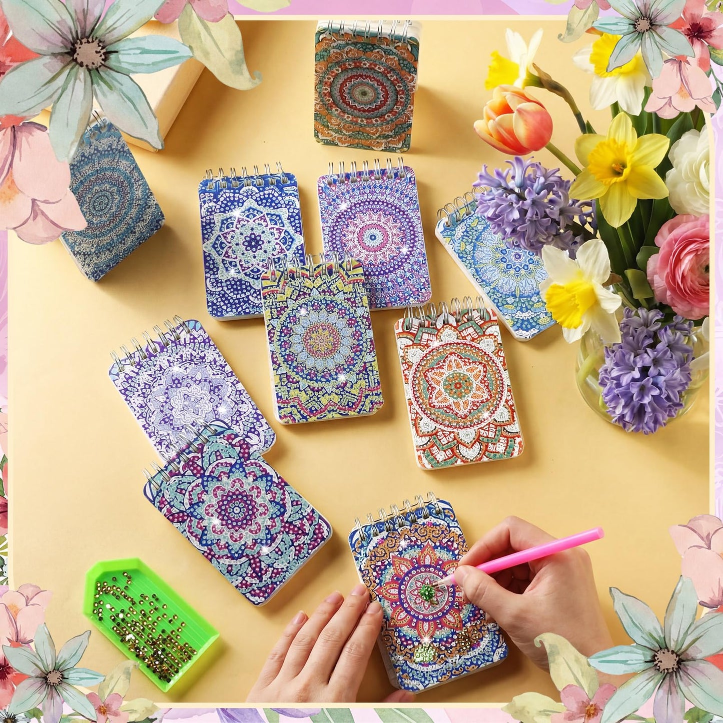 Frienda 12 Pcs Mandala Diamond Painting Notebook Kits for Adults DIY Mandala Diamond Art Journal Notebooks 5d Flower Gem Dots Cover Notepad Gift Set Journal Art Crafts Accessories with Tools