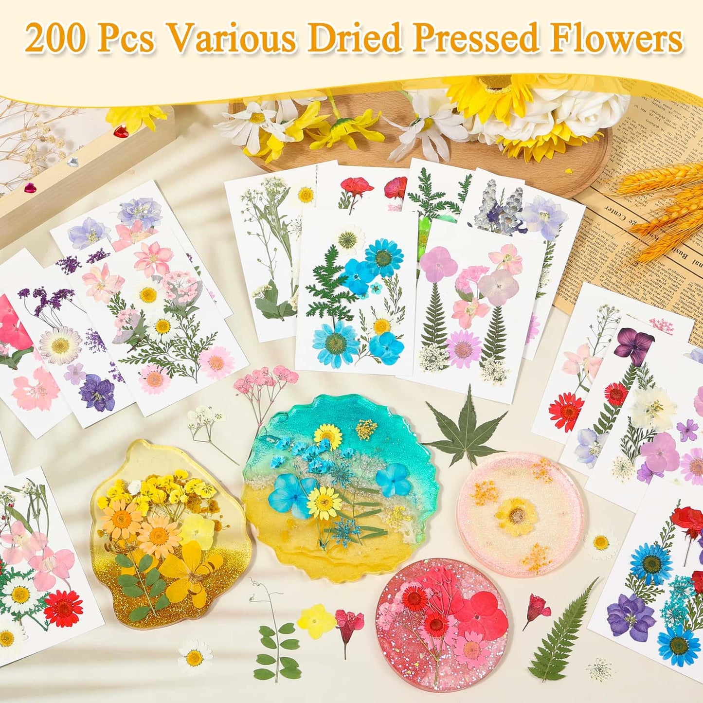 200 Pcs Dried Pressed Flowers for Crafts, 20 Sheets Real Dry Florals and Leaves Bulk with Tweezer for Resin Molds Candle Soap Making Scrapbook Bookmarks Frames Supplies Kit Nail Art Makeup Decor