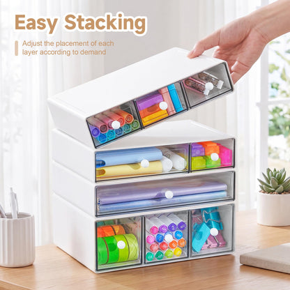 AZ. MIFENO Desk Organizer with 9 Drawers, 4 Tiers Stackable Storage Drawers, Desktop Storage Box with Clear Drawers for Stationery, Makeup, Jewelry, Office and Craft Supplies (White)