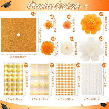 Wavwavw 58 Pcs DIY Graduation Cap Decorations Kit Grad Cap Decor Included Faux Flowers Bow Mesh 3D Butterfly Stickers, Adhesive Rhinestones, Glitter Letter Stickers, for 2026 Grad Party(Orange)