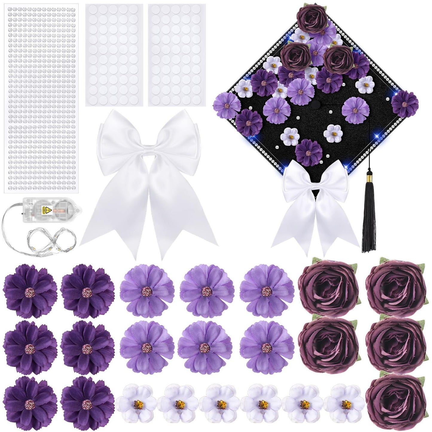 Solsew 50 Pcs DIY Graduation Cap with Lights Decoration Kit Include Artificial Flower String Light Ribbon Bow Pearl Sticker for DIY Cap 2026 Graduation Party(Blue Light, Purple Flower)