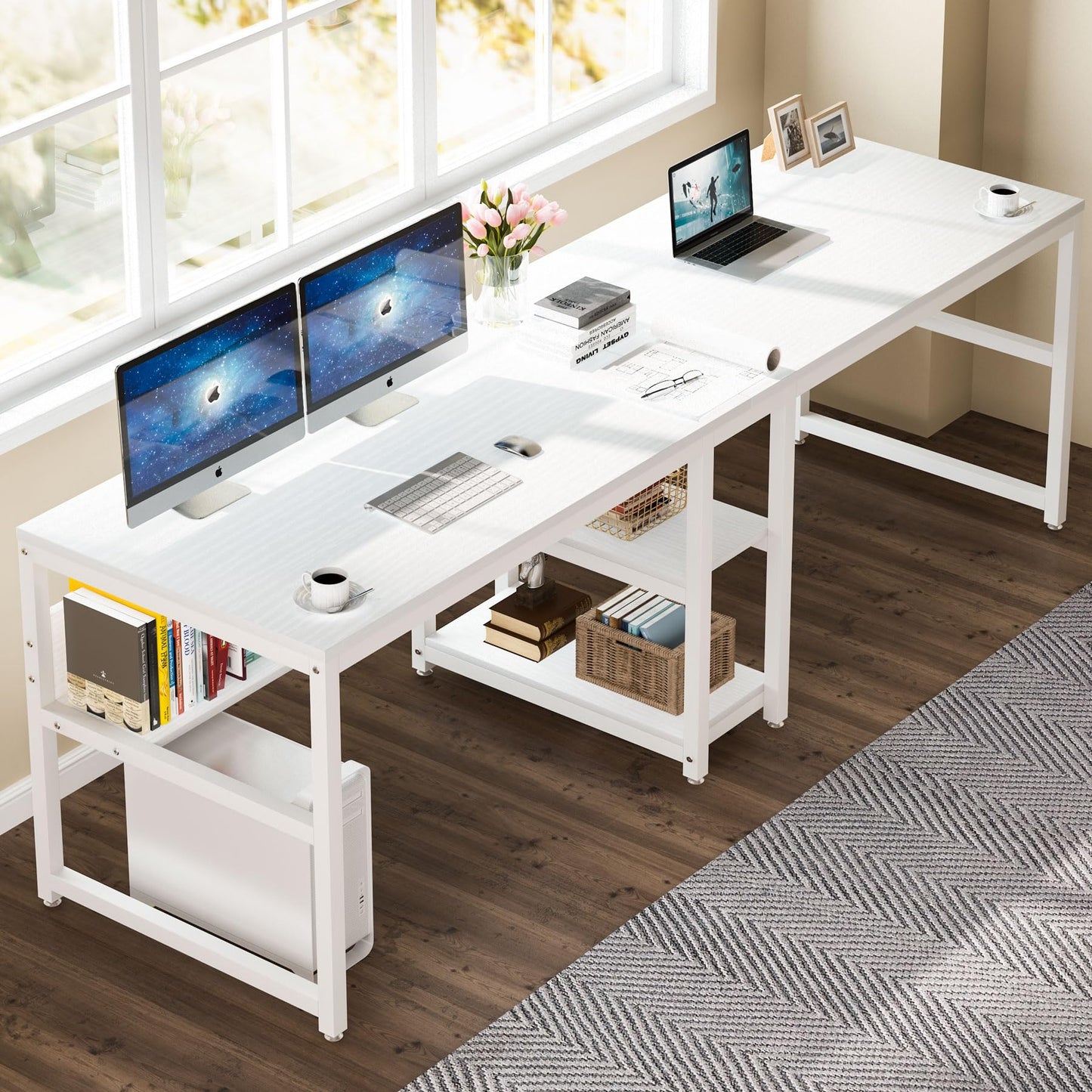 LITTLE TREE Industrial 78.7" Desk with Shelves, Double Workstation for Two People, Computer Office Desk, Writing Table with 3 Drawers, Large Metal Tabletop, White