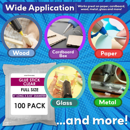 Innovative Haus Full Size Hot Glue Sticks Bulk 100 Pack - Fits Full Size Glue Guns, 8" x 0.43" - Craft, Bond, Create on Wood, Metal, Glass and More - Clear Large Stick