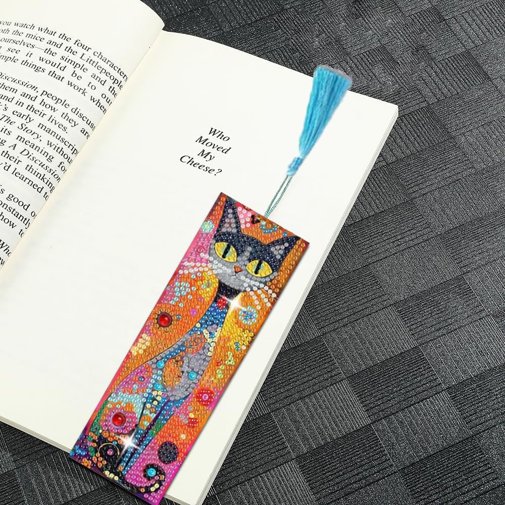 Puraikcmi 6 PCS 5D DIY Diamond Art Bookmarks Kit Cats Diamond Paintings Bookmarks Kits with Tassels Acrylic, Rhinestone Crafts Decoration Gift Set for Book Lovers Beginners & Adults