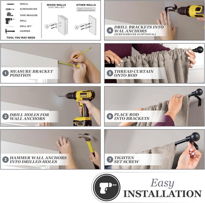 Kenney Kiera Crown Adjustable Curtain Rod, 28 to 48 Inches, Extendable Set, Matte Black