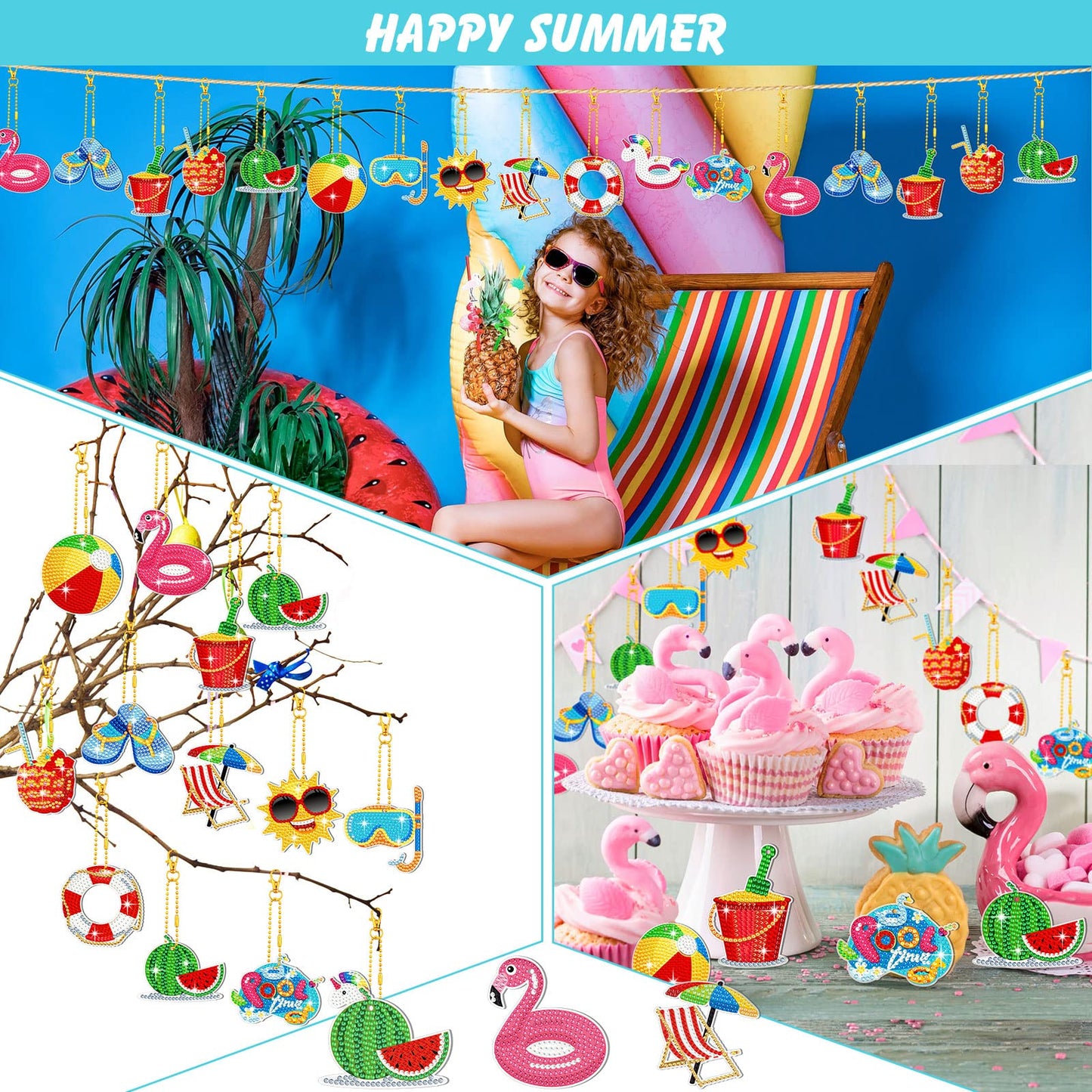 12 Pieces Summer Diamond Painting Keychain 5D DIY Diamond Painting Kit Summer Hanging Diamond Art Kits Diamond Art Summer Ornaments for Kids Summer Crafts Family Decor (Summer Style)