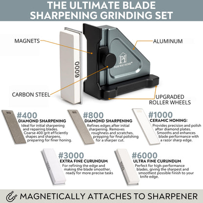 PATENTED ORIGINAL ADJUSTABLE ROLLING KNIFE SHARPENER KIT: Adjustable Height, 30 Angle Options, 5 Removeable Whetstone Plates, Leather Strop with Travel Case - Kitchen Knife Sharpener