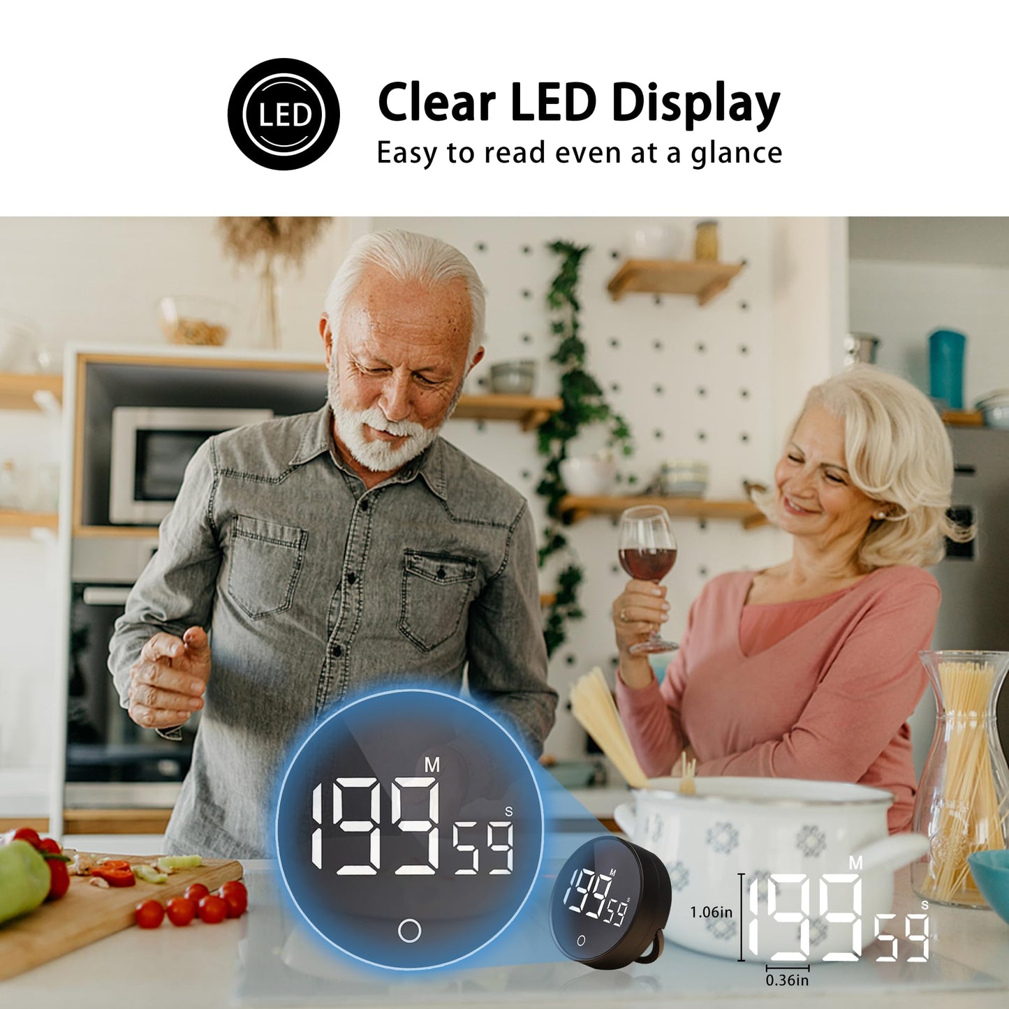 RZASL Digital Kitchen Timers, Magnetic Rotary Timer with Large LED Display, 3 Volume Levels, 0-199Min Countdown/Up, Easy Operation for Cooking, Studying, Fitness, Kids & Seniors