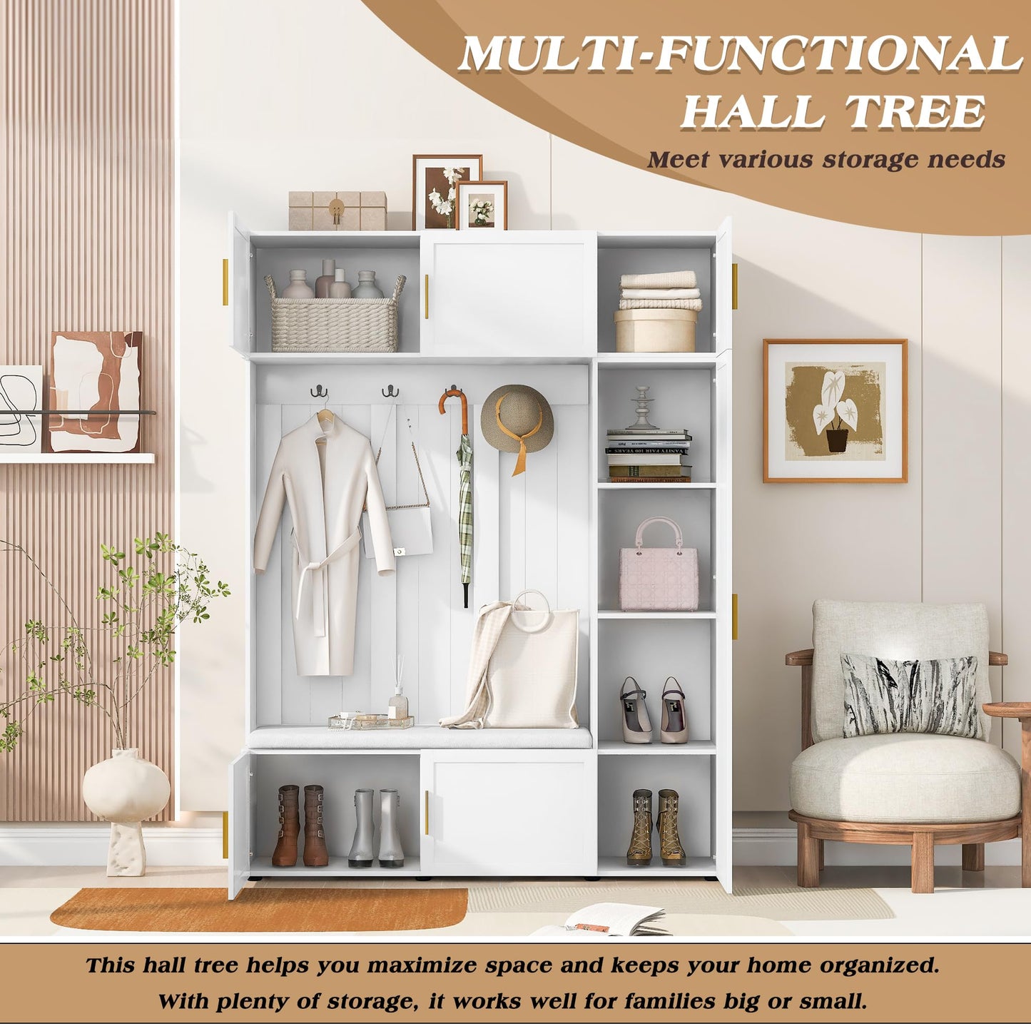 Merax 4-in-1 Hall Tree with Padded Bench, Coat Hooks, and Multi-Tier Storage Shelves – American Style Entryway Organizer for Shoes, Bags, Hats, and Daily Essentials, White