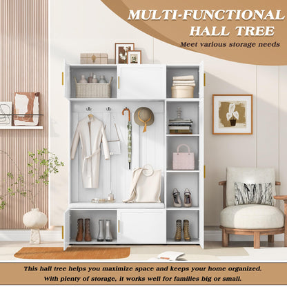 Amposei Modern Hall Tree with Shoe Storage Bench & Coat Rack, 79.72''H Tall Entryway Cabinet Organizer with 6 Doors, 4 Hooks & Padded Seat for Hallway Mudroom Living Room, White