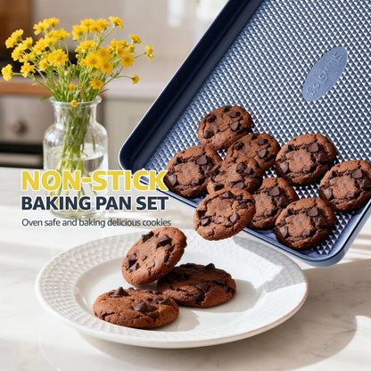 Slow Slog 3Pcs Nonstick Baking Sheet, Baking Sheet Pan Set, Jelly Roll Pans, Cookies Sheet for Baking, Cookie Sheet Pan with Diamond Texture, Blue
