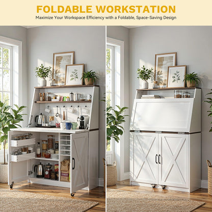 DWVO Folding Sewing Table with Charging Station & Storage, Multi-Function Craft Desk with Lockable Wheels, Magnetic Doors & Hidden Storage