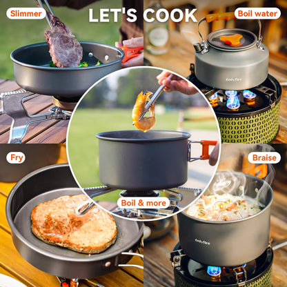 ONLYFIRE OUTDOOR LIVING14pcs Camping Cookware Set, Lightweight Nonstick Pots, Pan, Kettle, Utensils, Bowls, and Cleaning Tool with Mesh Bag for Camping Hiking Backpacking RV Tailgating Cooking, CT604