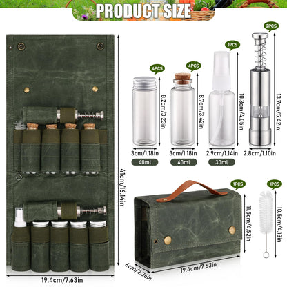 TOBWOLF Portable Spice Bag for Travel, Camping Spice Kit with 8 Jars, 2 Salt/Pepper Grinders, 1 Oil Spray, Foldable Canvas Seasoning Storage Bag, Condiment Container Set for Outdoor Picnic BBQ - Green