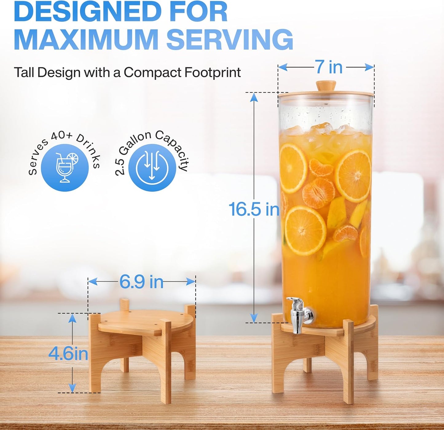 GRAXON (2.5 Counter Drink Dispenser with Bamboo Stand & Spigot Gallon) Large Plastic Beverage Dispenser for Parties