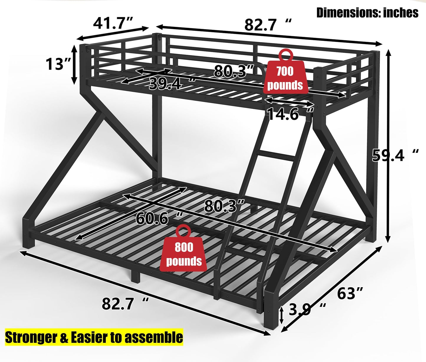LEEKAF Stronger & Thickened Heavy Duty Metal Bunk Bed Twin XL Over Queen Size for Adults Teens, Safer More Stable Bunkbed (Greater Weight Capacity) (Black,Twin XL Over Queen A)