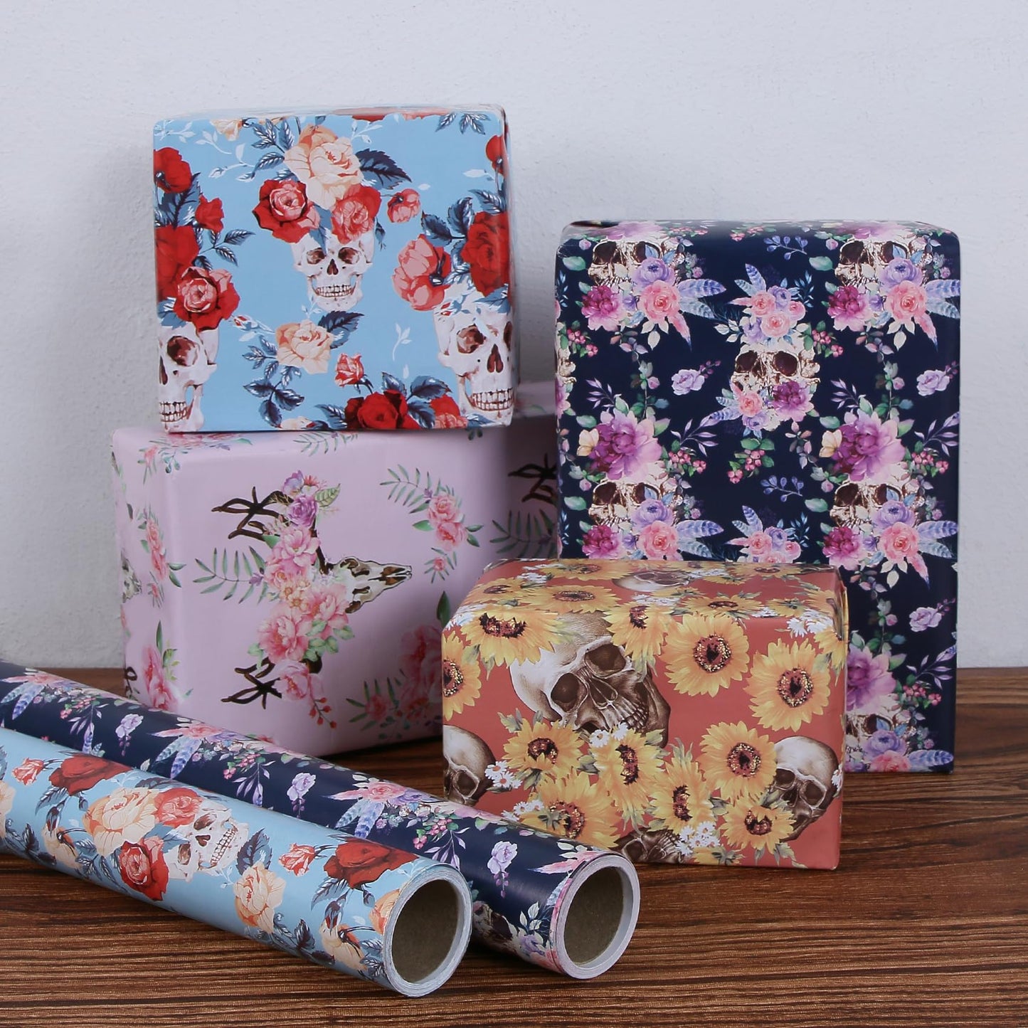 Aimyoo Gothic Skull Floral Wrapping Paper Bundle Roll, Skeleton Flowers Halloween Wrap Paper 17 in x 16 ft per Roll