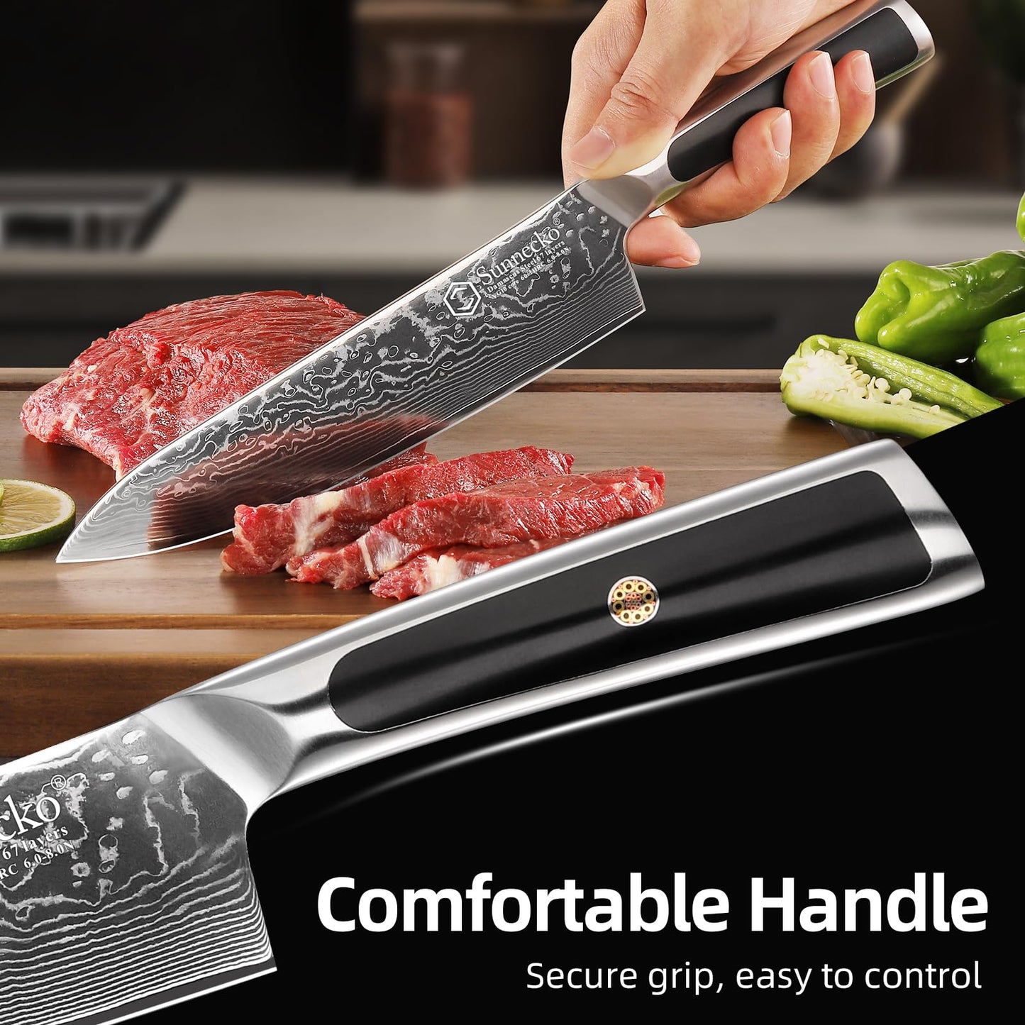 Sunnecko 8 Inch Japanese Damascus Chef Knife - Ultra Sharp 10-12 Degree Edge VG10 67 Layers Kitchen Cooking Knives for Meat, Vegetable & Fruit, Full Tang Forged Blade, Premium Father Day Gift Box