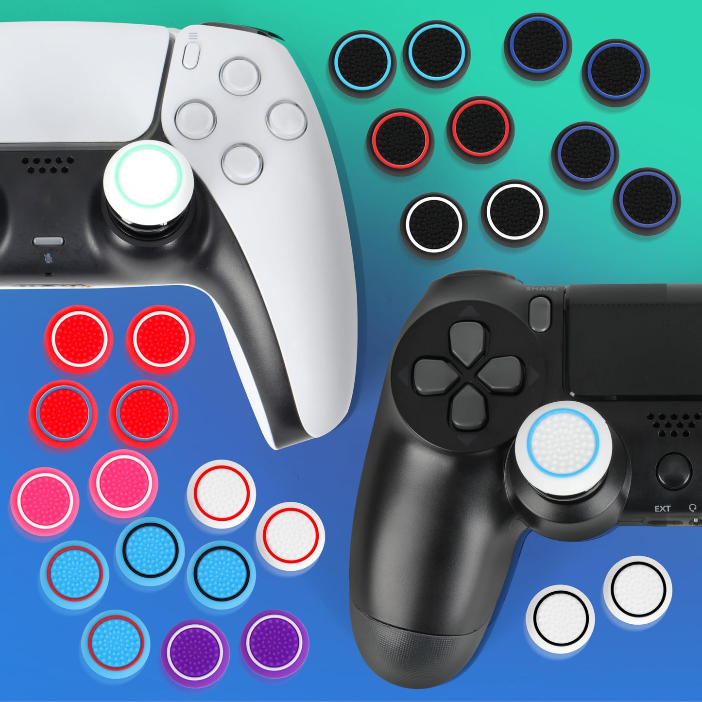 PS5 Controller Accessories PS4 Controller Grips Thumbstick Grips with 2 Pairs 9.9mm High Rise Joystick Grips and 16 Pieces Thumb Caps Compatible with PlayStation 4 and PlayStation 5 Controller-2T-B1