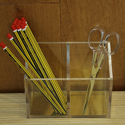 Mouchoi Modern Acrylic Pen Holder with 2 Compartments Gold Base, Multifunctional Pencil Holder for Desk Gold Mirror, Makeup Brush Holder, Marker Holder for Office, Classroom, Home