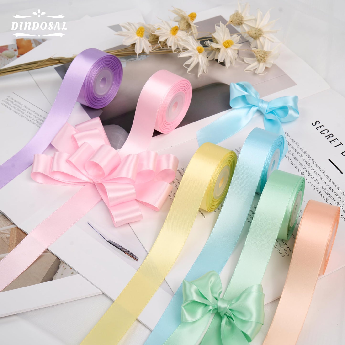 DINDOSAL Pastel Ribbon Set 1 Inch x 60 Yards, 6 Rolls Pastel Rainbow Satin Ribbon for Easter Decor, Spring Decorations, Bridal Shower, Gift Wrapping, Bouquets, Party Supplies and Crafts