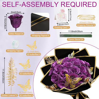 Tobilu Glitter Roses Bouquet - DIY Artificial Flower Bouquet Kit with Fake Rose Butterfly Stems Cards for Gifts Mother's Day Valentine's Day Anniversary Birthday, 24 Roses, Purple
