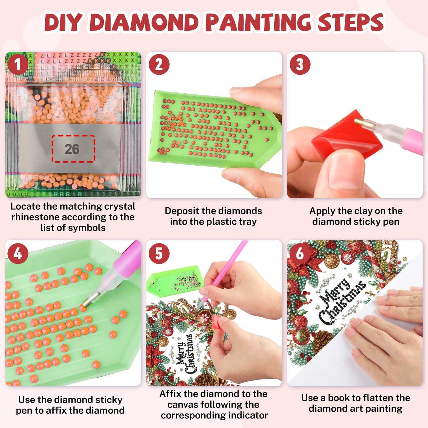 Bowetile Merry Christmas Diamond Art Hanging Wreath Kits for Adults, Diamond Art Suncatchers, 5D Special Shape Diamond Painting Pendant Window Ornament Christmas Gifts for Home Door Wall Decor