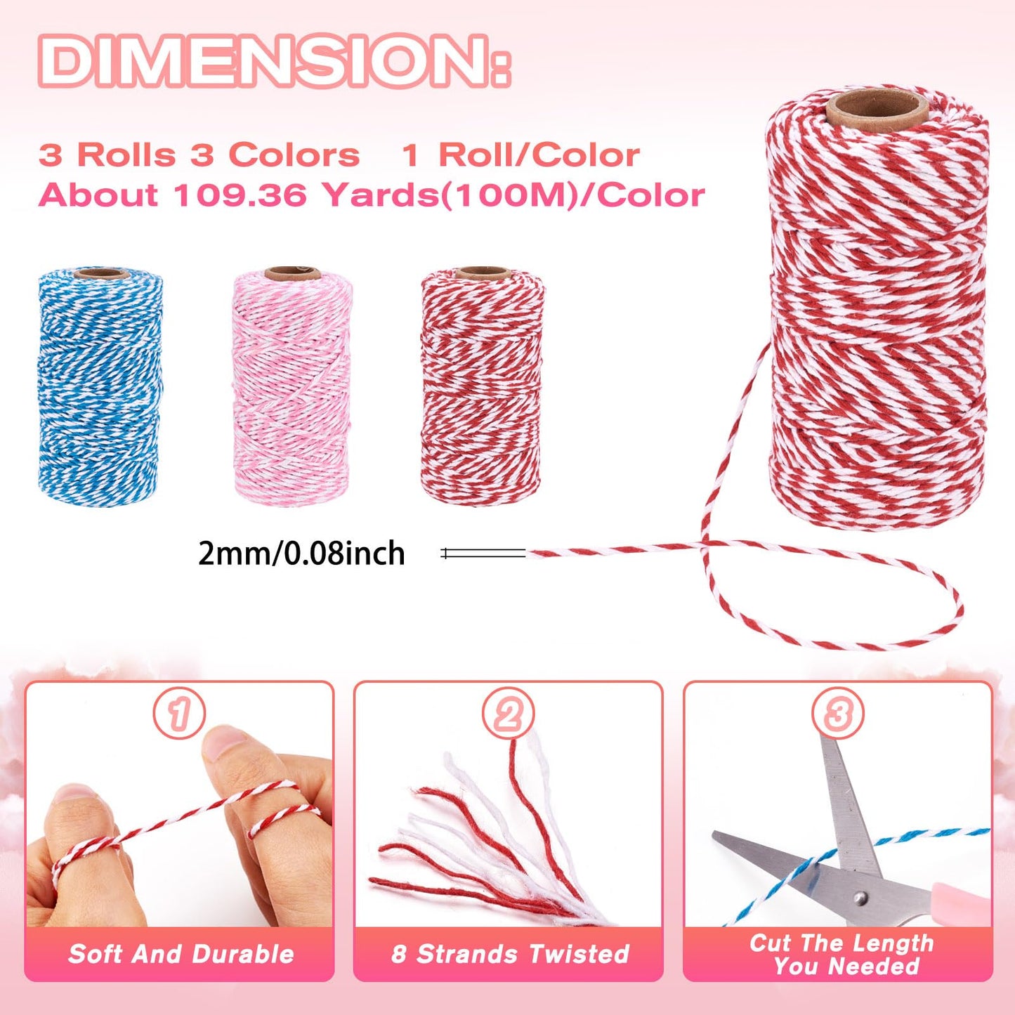 Elecrelive 3 Rolls Macrame Cords 2mm Natural Cotton Twine 8 Strand Twisted String Blue Red Cotton Macrame Rope Macrame Supplies Kit for Jewelry Bracelet Sewing Wedding Gift Wrapping