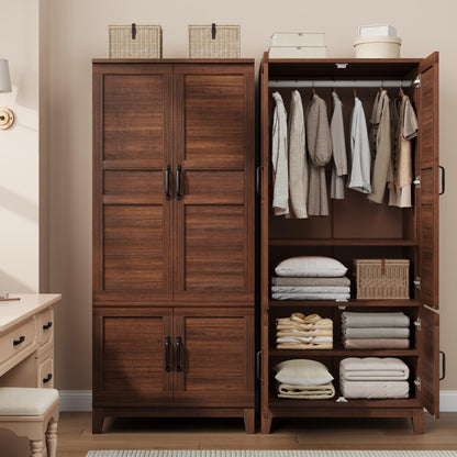 GarveeHome 72" Tall Armoire Wardrobe Closet with 4 Doors, Large Wooden Wardrobe Cabinet with Hanging Rod and Adjustable Shelves, Freestanding Clothing Storage Cabinet for Bedroom, Walnut Brown