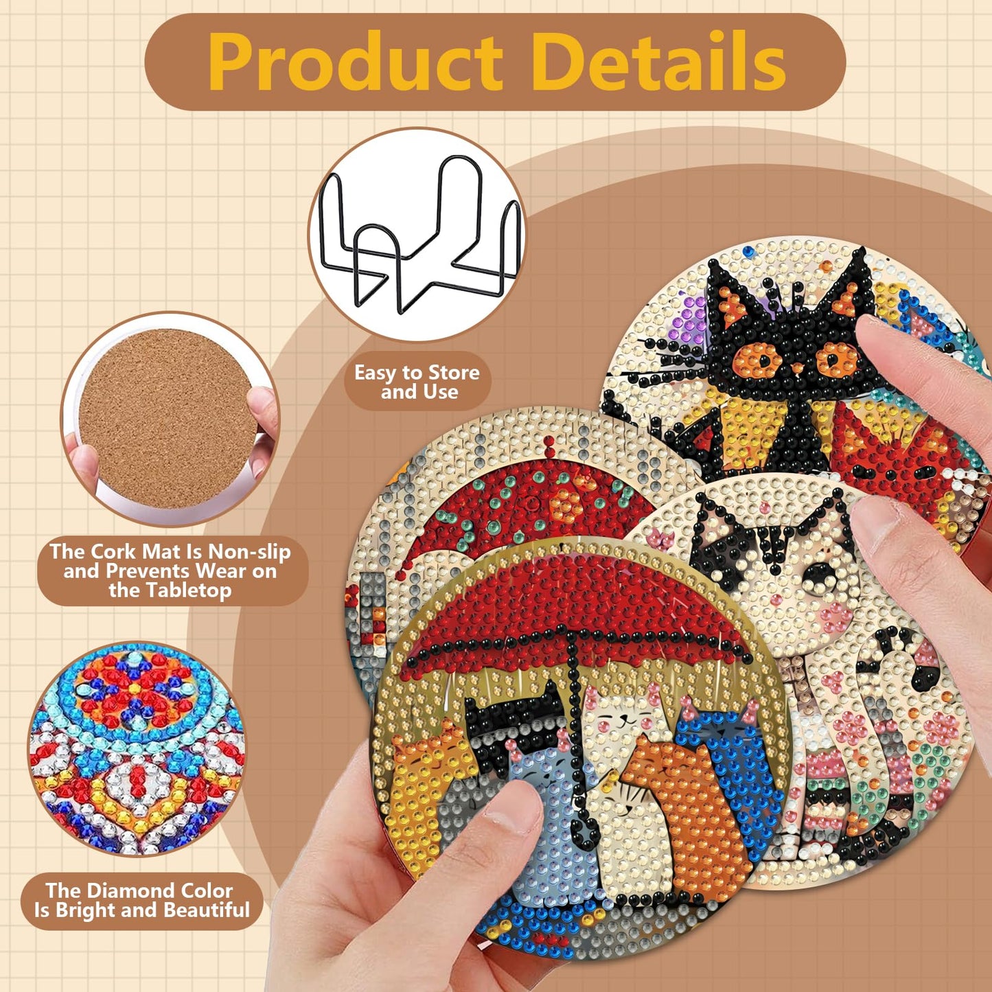 HMZephitiquc Cat Diamond Painting Coasters Kit, 8 Pcs Diamond Art Cat Coasters with Holder, 5D Small Gem Art Kit Easy Crafts, Non Slip Coaster for Home Decor Gift