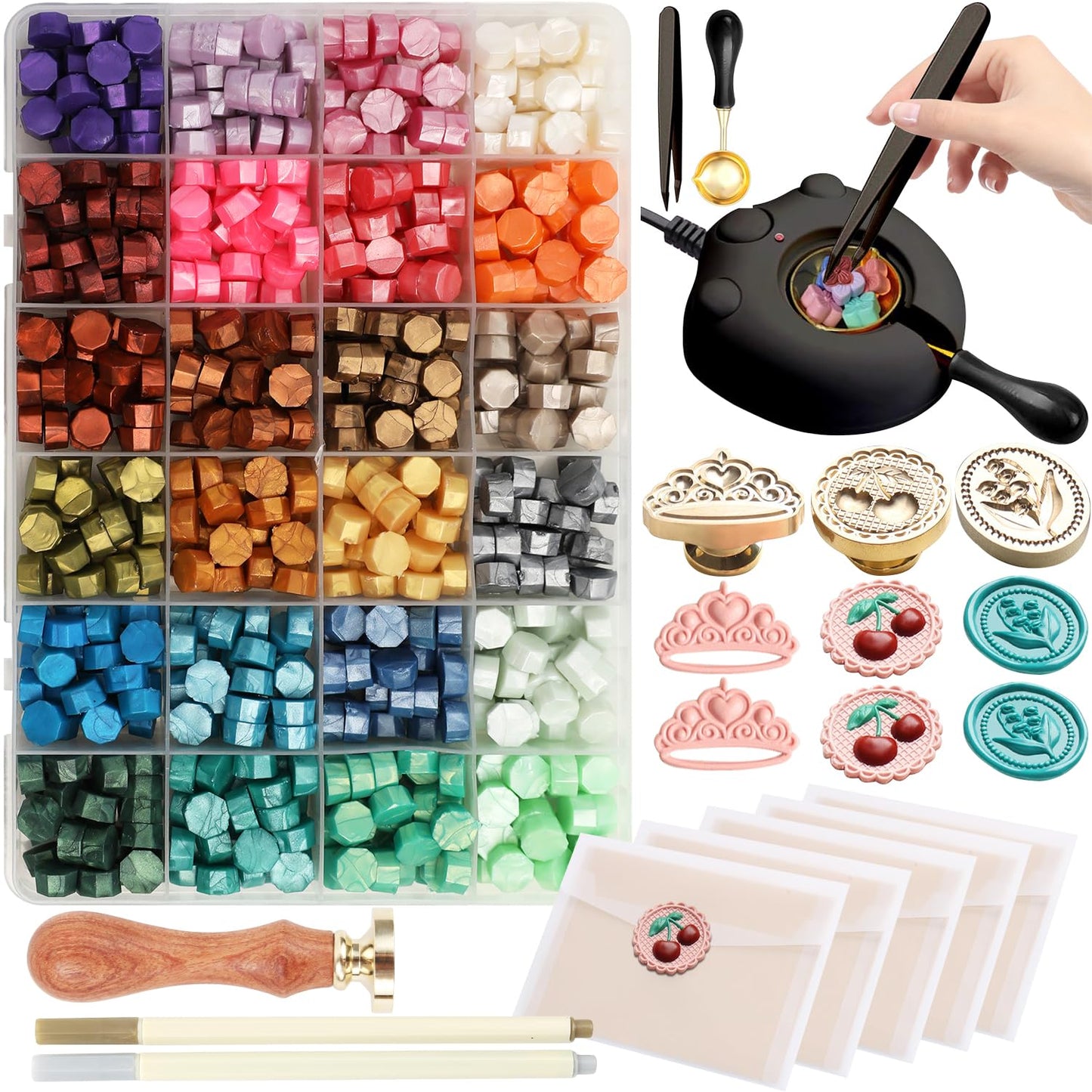 Wax Seal Electric Kit with 24 Colors Wax Seal Beads 600pcs, 3pcs (Cherry/Heart Crown/Lily of the valley) Stamps with Electric Warmer Set for Sealing Invitation, Christmas, Gift Wrapping (3D Stamp Kit)