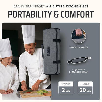 Asaya Waxed Nylon Chef Knife Roll Bag with 20 Slots and Zippered Pockets - Professional Chef Knife Bag & Storage Case, Tool Carrier with Shoulder Strap - Knives Not Included (Grey)