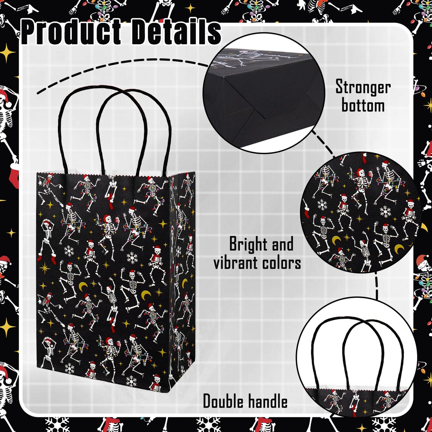 JarThenaAMCS 24Pcs Gothic Christmas Gift Bags with Handles Black Dancing Skeleton Candy Goodie Bags for Xmas Gothic Party Favors Supplies