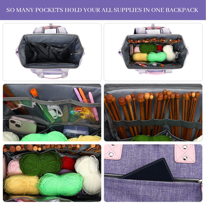 LTINVECK Knitting Bag Backpack,Yarn Storage Organizer Travel Crochet Bag,Large Capacity Tote Bag Yarn Holder Case for Carrying Projects, Knitting Needles, Crochet Hooks,Purple