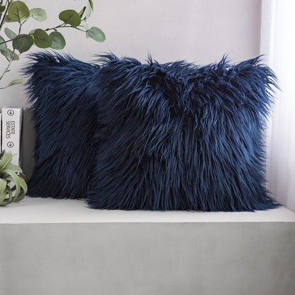 Phantoscope Pack of 2 Faux Fur Solid Throw Pillow Covers, Navy Blue, 18 x 18 Inches