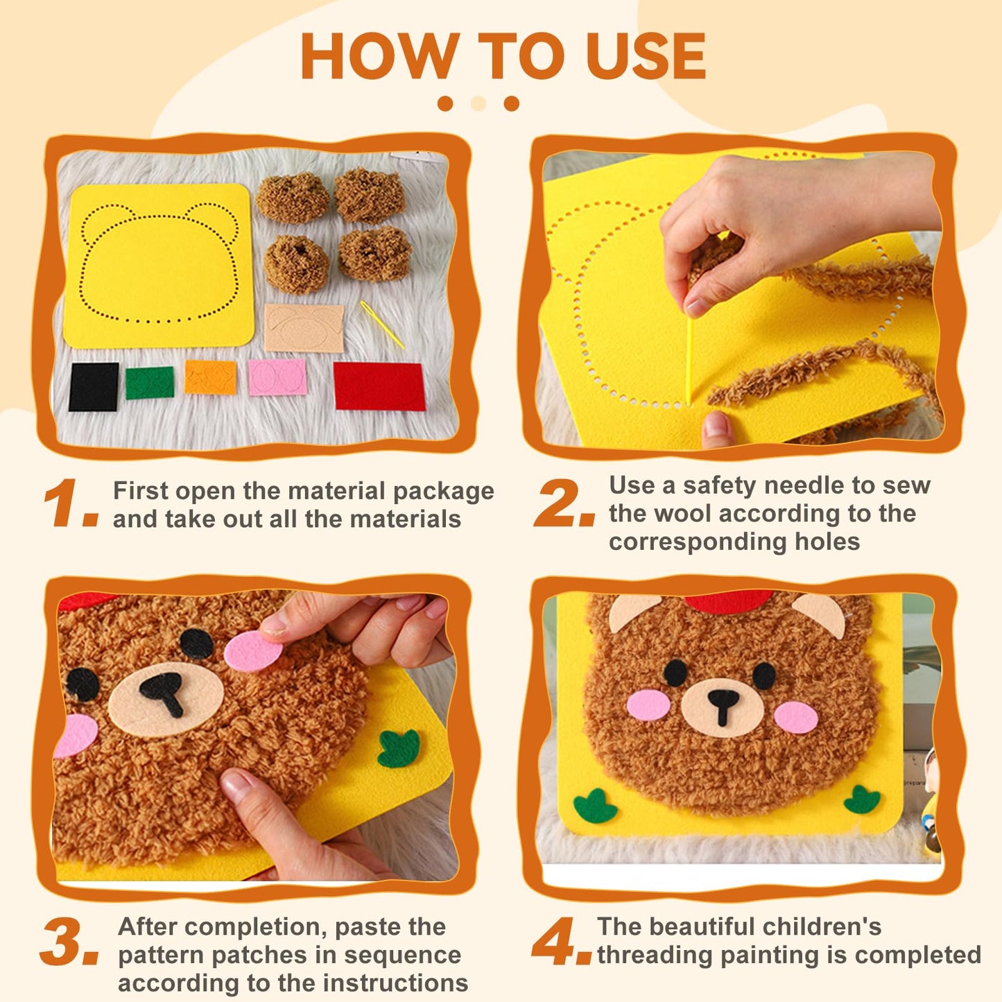 Vanttokeey DIY Embroidery Doll Set, 4pcs Cute Cartoon Animal Sewing Craft Kit Sewing Projects Yarn Board (Deer + Elephant + Lion + Bear)