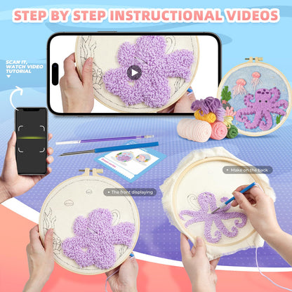Punch Needle Kits Adults Beginner,Punch Needle kit for Beginners, Embroidery kit for Beginners,Includes All Tools and Materials,Easy to Follow Instructions and Videos-(Axolotl+Octopus)