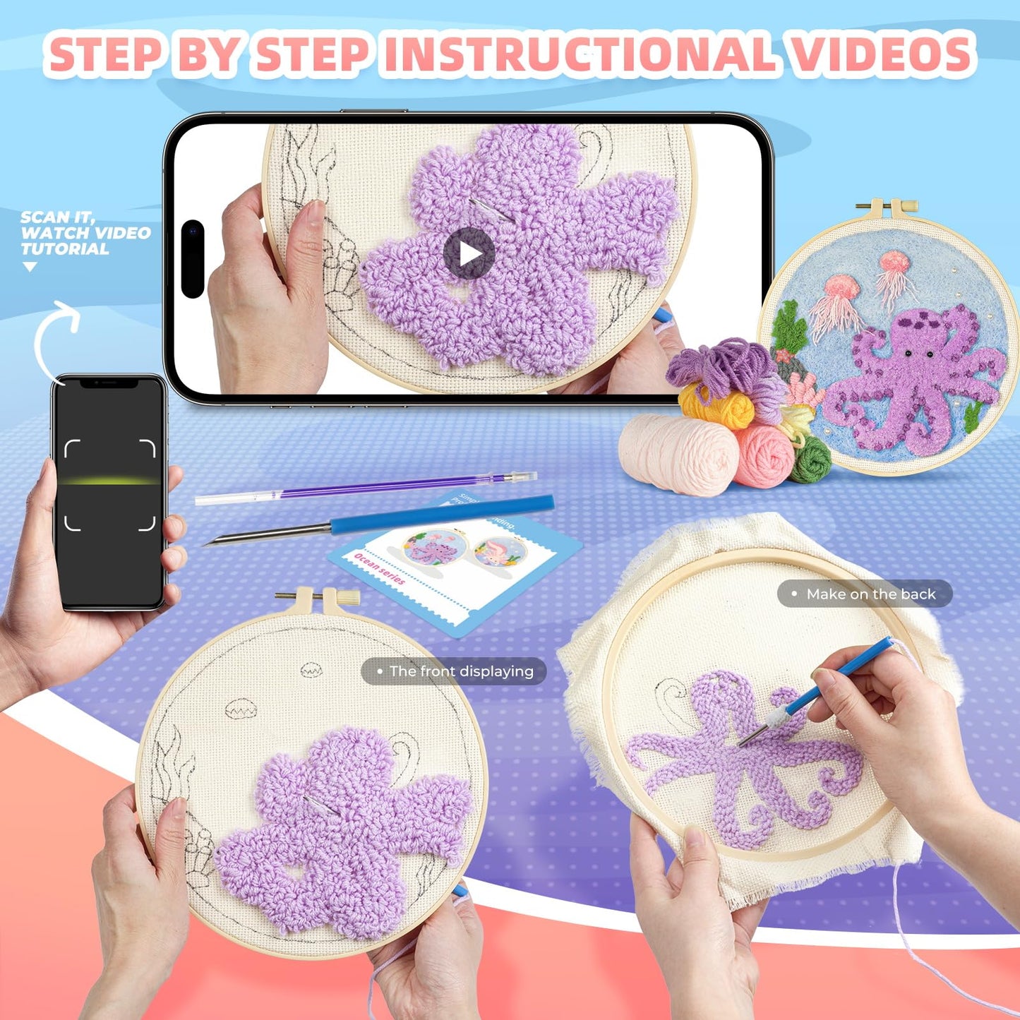 Punch Needle Kits Adults Beginner,Punch Needle kit for Beginners, Embroidery kit for Beginners,Includes All Tools and Materials,Easy to Follow Instructions and Videos-(Axolotl+Octopus)