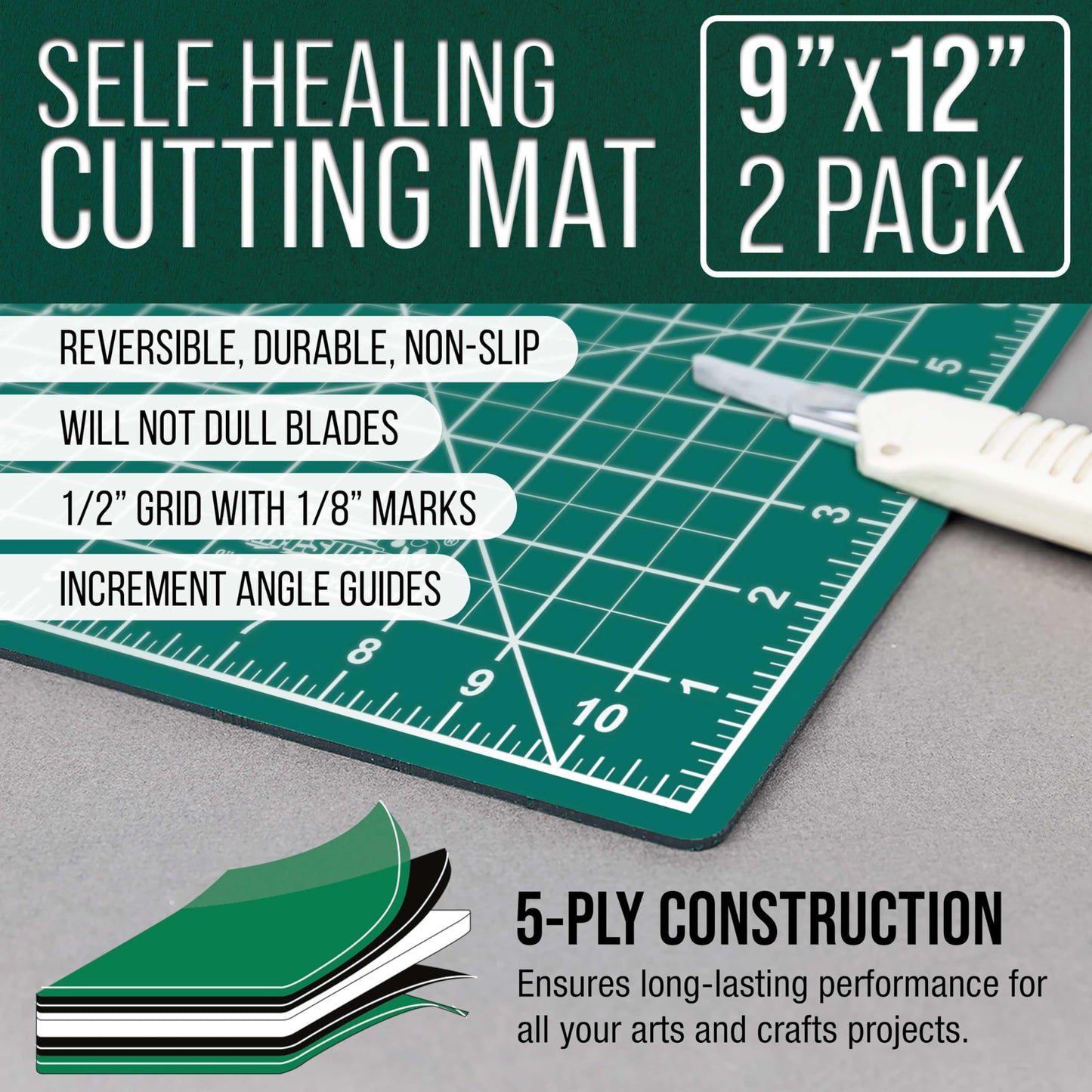 U.S. Art Supply 9" x 12" Self-Healing Cutting Mat 5-Ply (2 Pack) - Double-Sided Green/Black Craft Mat, Non-Slip Cutting Mats for Crafts, Sewing, Quilting, Scrapbooking