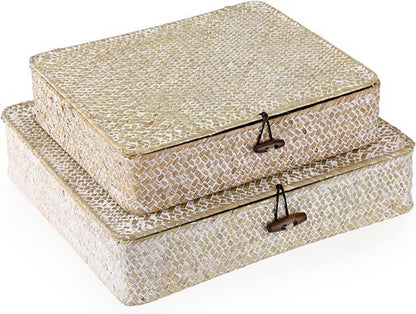 Hipiwe Wicker Storage Bins - Set of 2 Flat Seagrass Baskets with Lids | Natural Whitewash Home Organizers