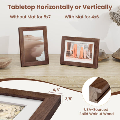 Fun Memories 5x7 Picture Frame, USA-Sourced Walnut Wood Photo Frames with HD Tempered Glass, 5 x 7 Wood Frame Matted to 4 x 6, 5 by 7 Frames for Wall & Tabletop Display, 3 Pack